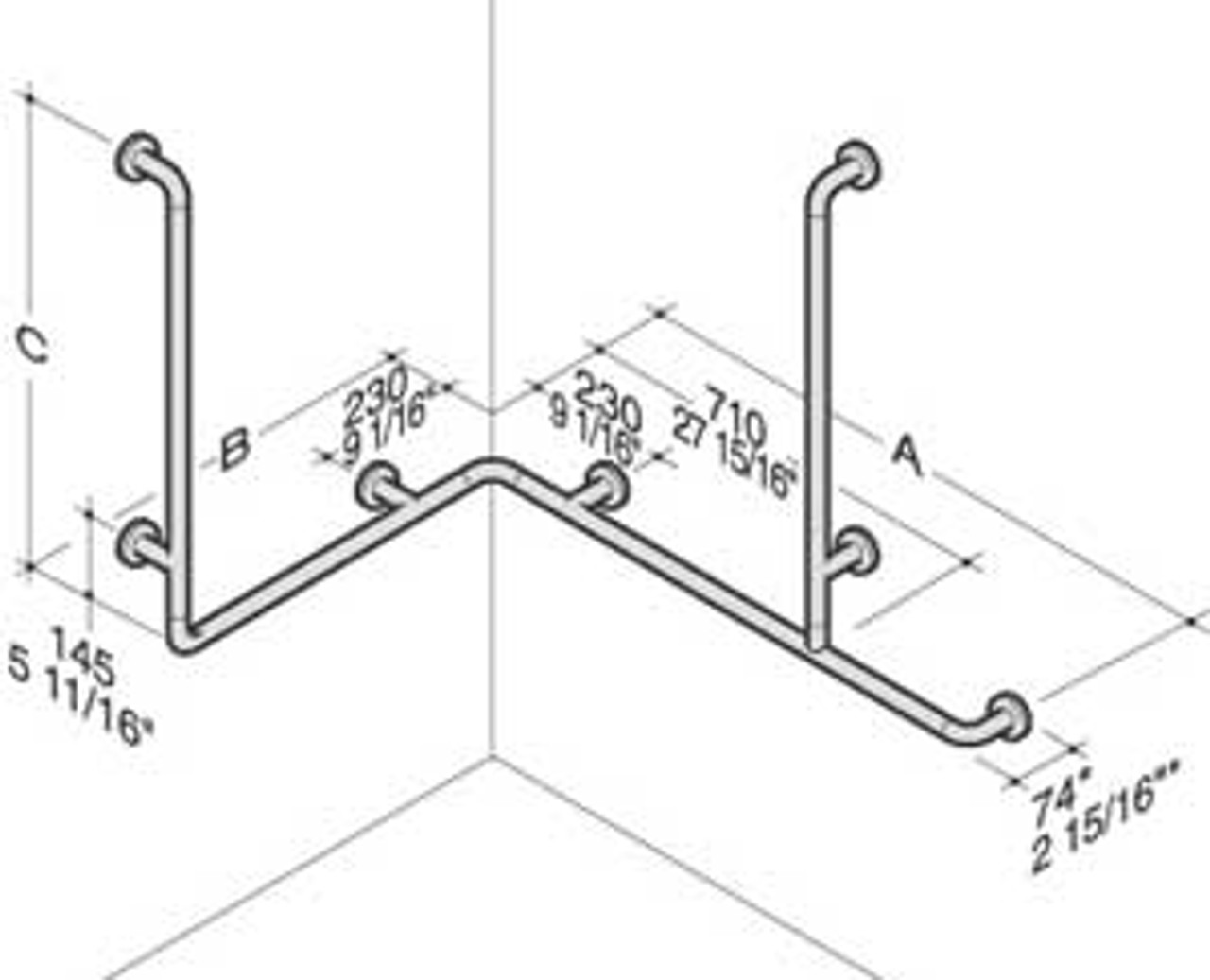 PBA Nylon Horizontal Corner Grab Bar with Two Vertical Shower Head