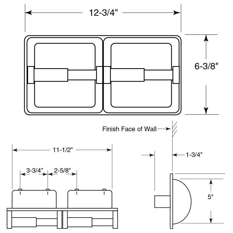 GAMCO Recessed Double Toilet Tissue Holder 212 - Size
