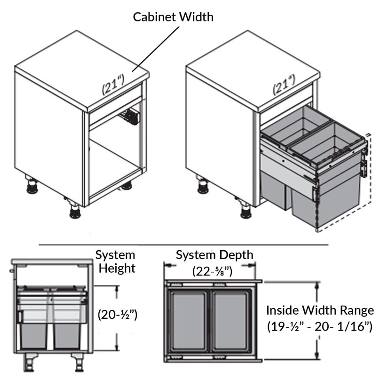 Hailo US Cargo 21 Face Frame Pull-Out Dual Waste Bin 502.77.523 - Size