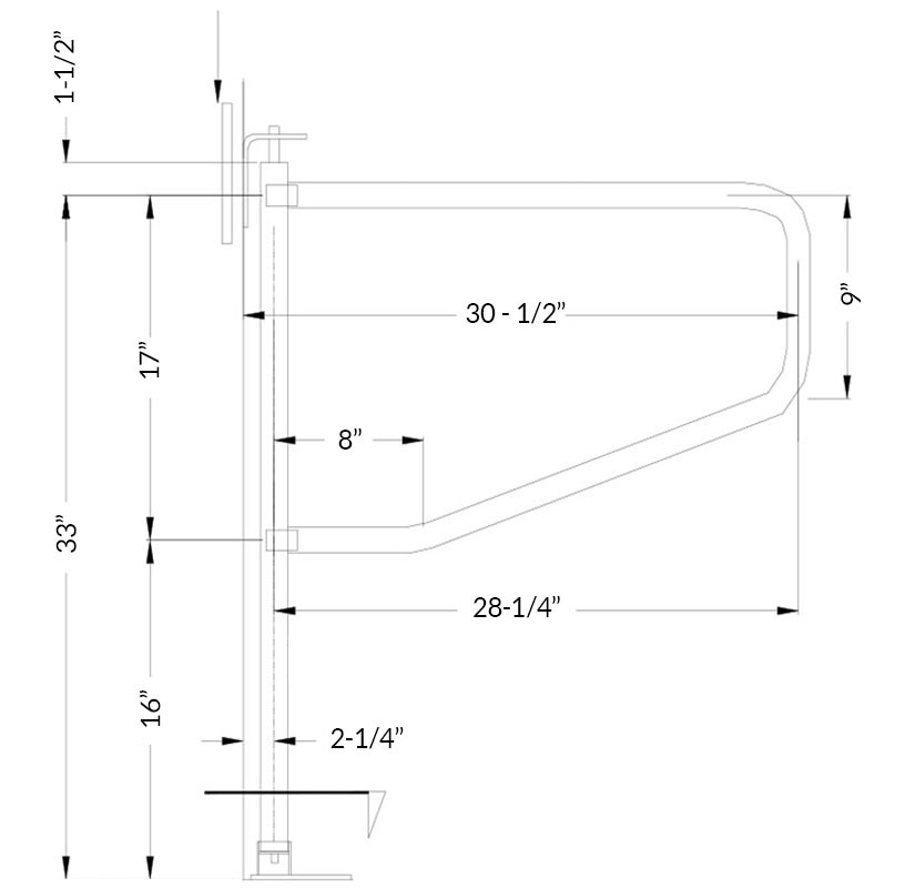 ASI Stainless Steel 30"W X 33"H Swing Away Grab Bar - Dimensions