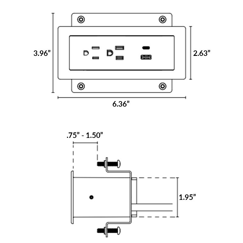 Ashley Duo Surface Mount Plastic Grommet - 2 Power, 1 USB-A, 1 USB-C - Size