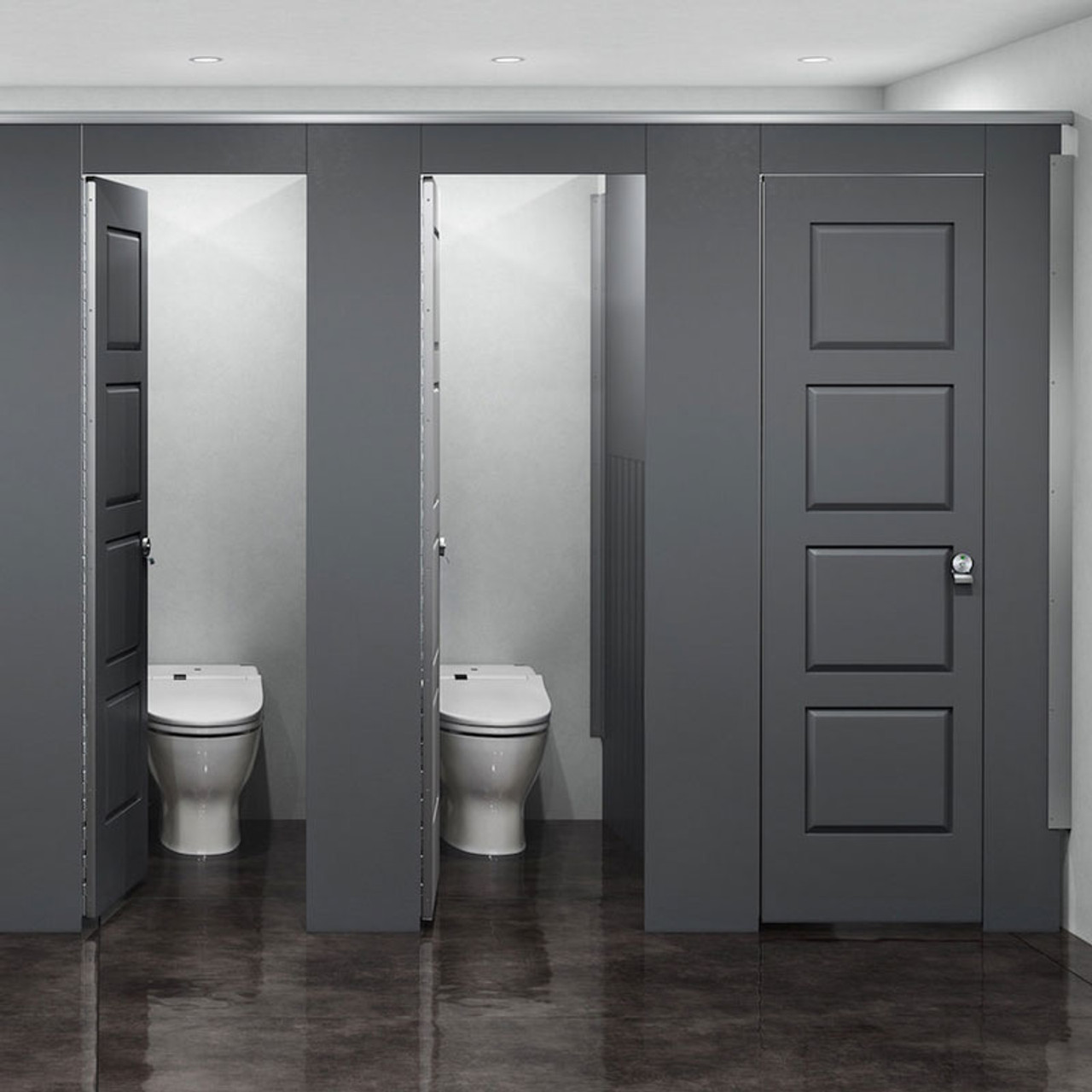 High Privacy Toilet Enclosure - 6 Stalls ADA Between Walls Right Hand Installed