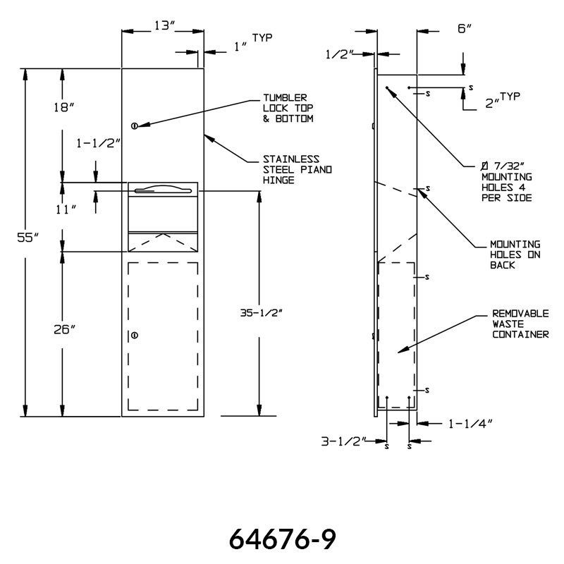 ASI Surface Mounted Towel Dispenser and Waste Receptacle 64676-9 - Size