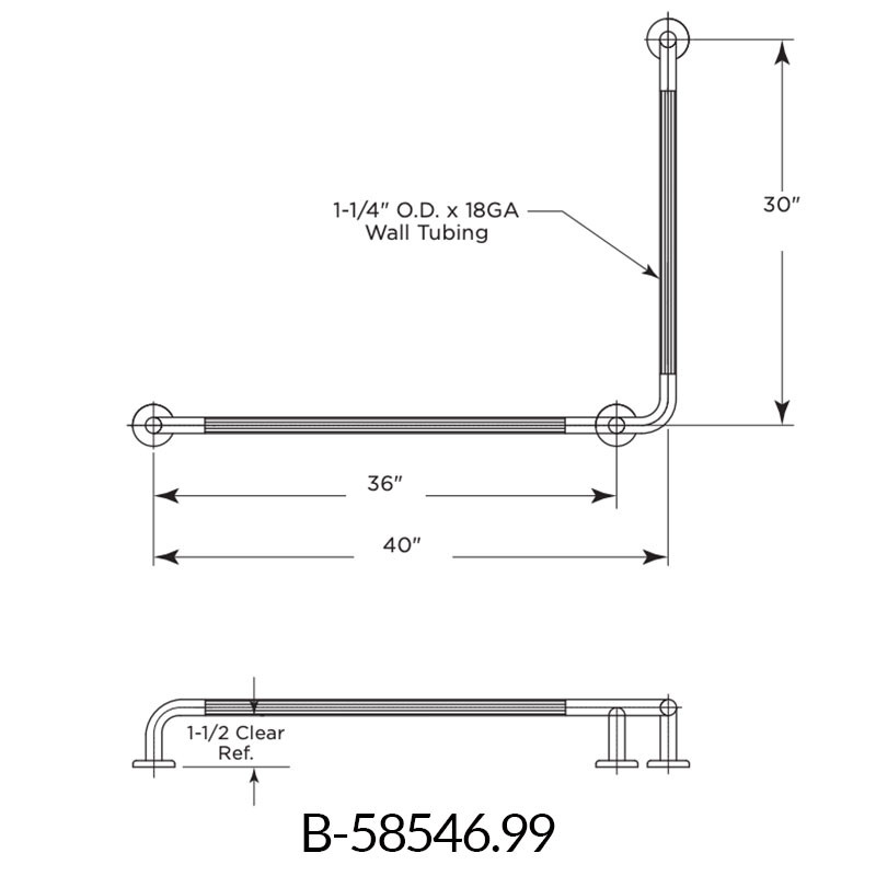 Bobrick Stainless Steel L Shaped Grab Bar - 1.25