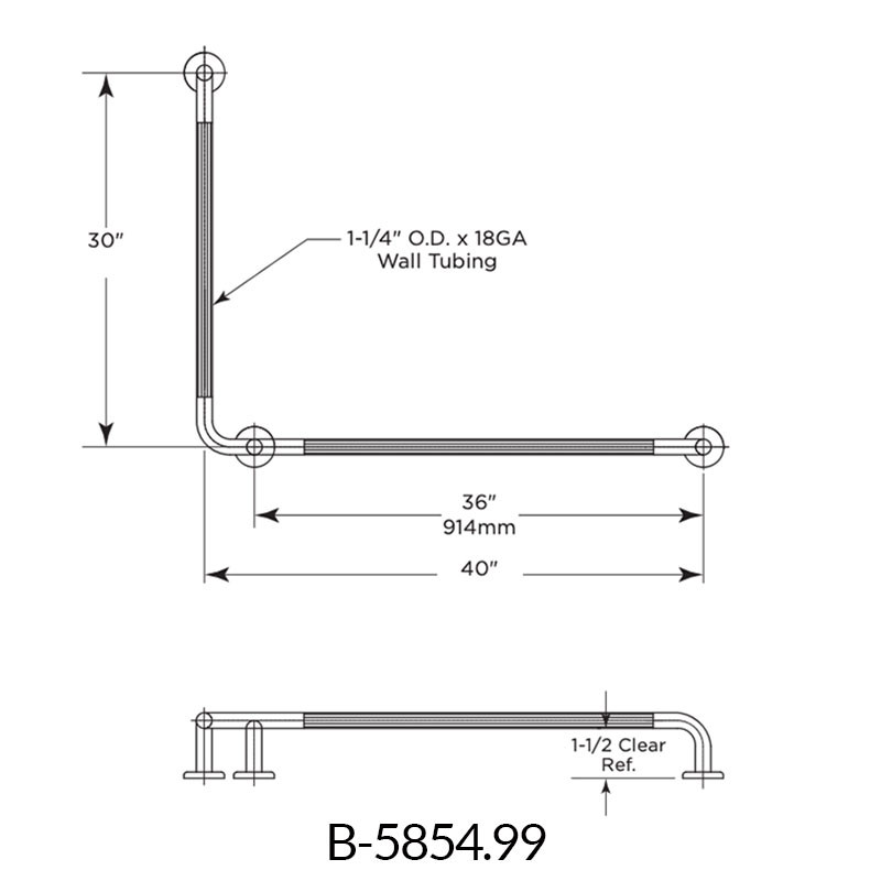 Bobrick Stainless Steel L Shaped Grab Bar 40"" x 30"" Left Peened Grip - B-5854.99 - Submittal