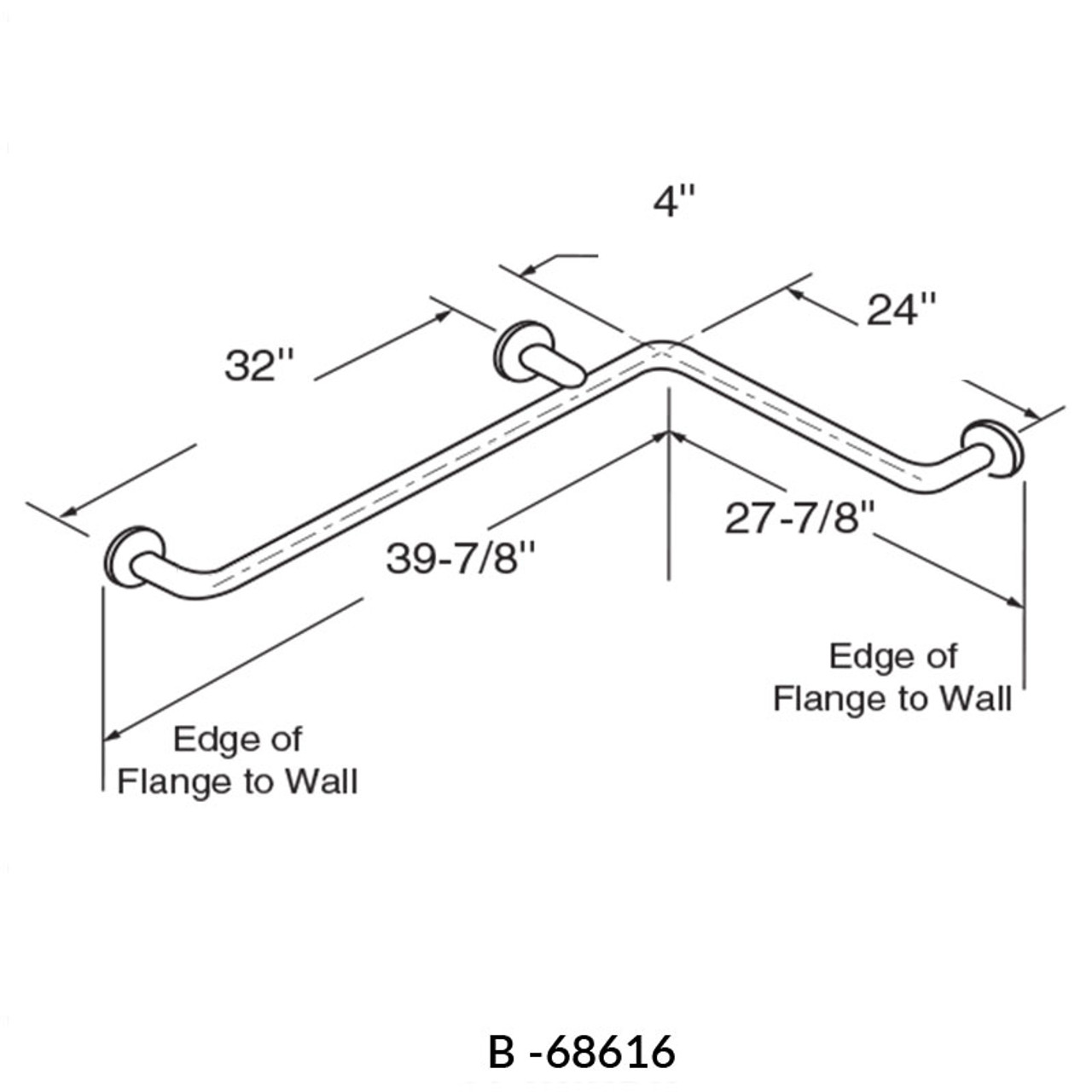 Bobrick Stainless Steel Two Wall Corner Grab Bar 1.5" Dia