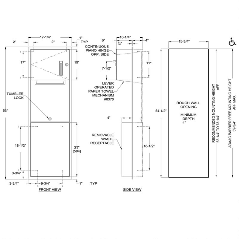 ASI Recessed Roll Paper Towel Dispenser and Waste Receptacle 046924 - Traditional Collection - Size