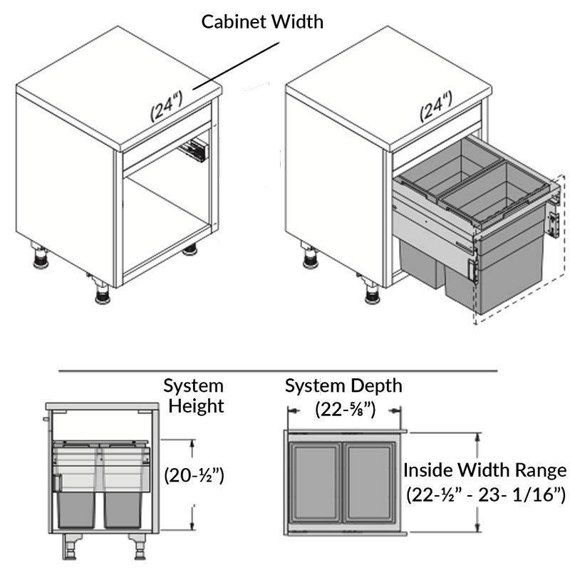 Hailo US Cargo 24 Face Frame Pull-Out Dual Waste Bin 502.77.524 - Size