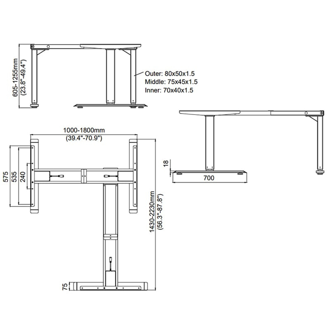 PMI Height Adjustable Motorized L-Shaped Corner Standing Desk - 30" Depth - Spec Sheet