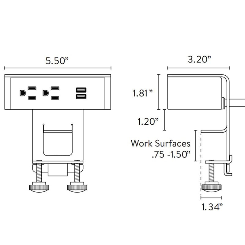 Dekko Ashley Duo Relocatable Plastic Hub - 2 Power, 2 USB-A Dimensions