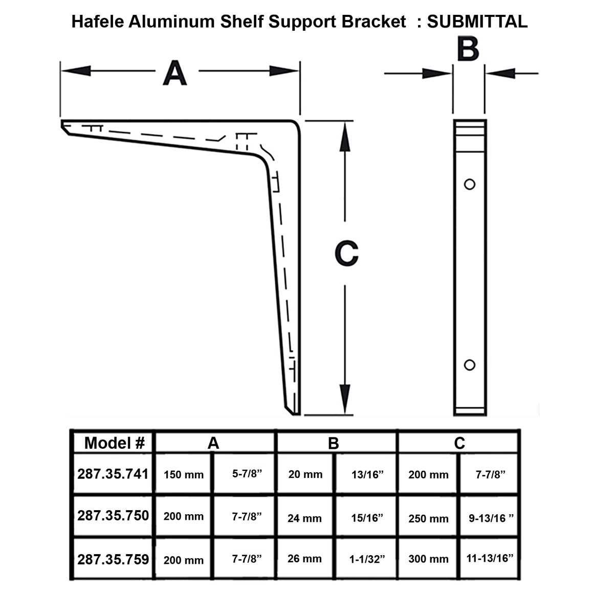 Hafele Aluminum Shelf Support Bracket - Size