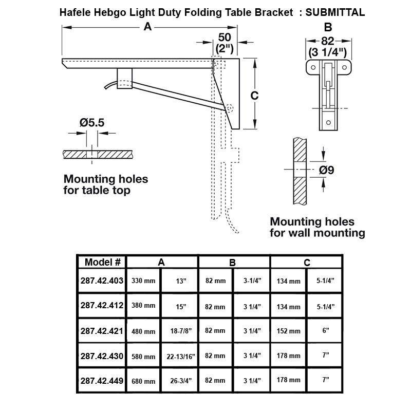 Hafele Hebgo Steel Light Duty Folding Table Bracket - Size