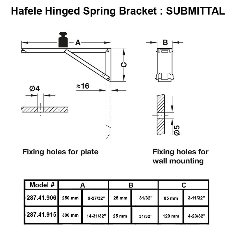 Hafele Steel Hinged Spring Shelf Bracket - Size