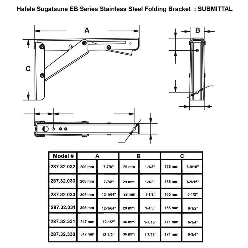 Hafele Sugatsune EB Series Stainless Steel Folding Bracket