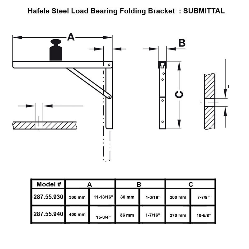 Hafele Steel Folding Load Bearing Table Bracket - Size