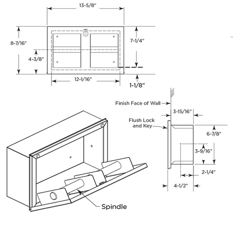Bobrick Recessed Dual Roll Toilet Tissue Dispenser - TrimLine Series - Size