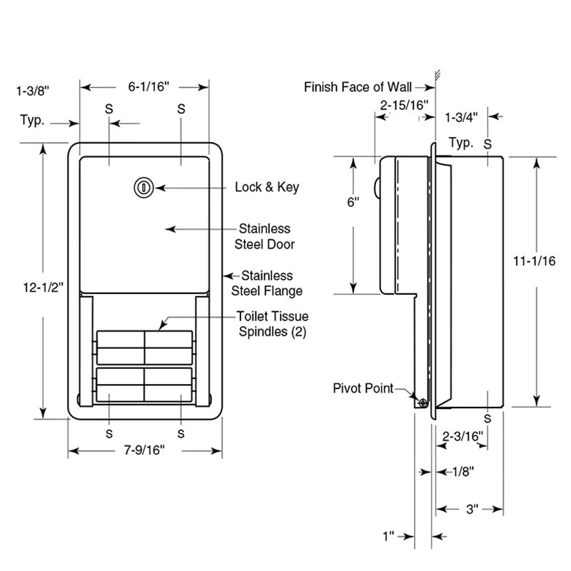 Bobrick Recessed Dual Roll Toilet Tissue Dispenser - Classic Series - Size