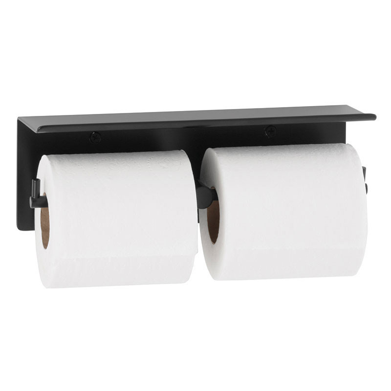 Bobrick Surface Mount Matte Black Dual Roll Toilet Tissue Dispenser with Shelf - Cubicle Collection - Detail