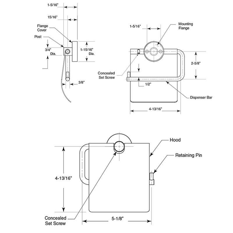Bobrick Surface Mount Hooded Toilet Tissue Dispenser - Cubicle Collection - Size