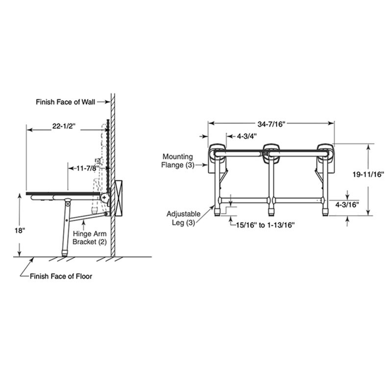 Bobrick Folding L-Shaped Bariatric Shower Seat with Legs B-918116L - Side