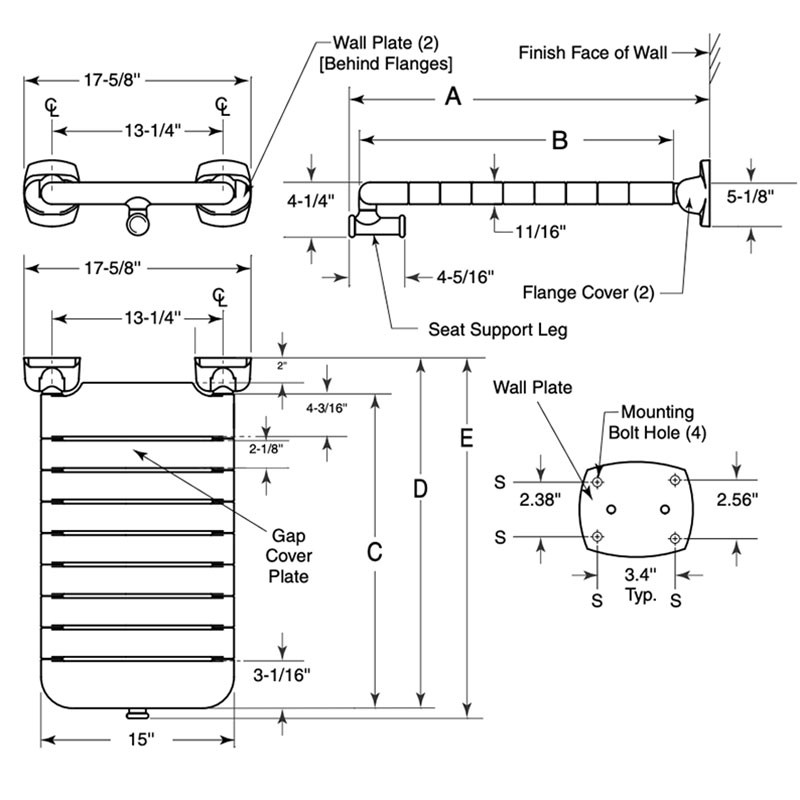 Bobrick White Vinyl-Coated Folding Bathtub Seat B-518116 - Size