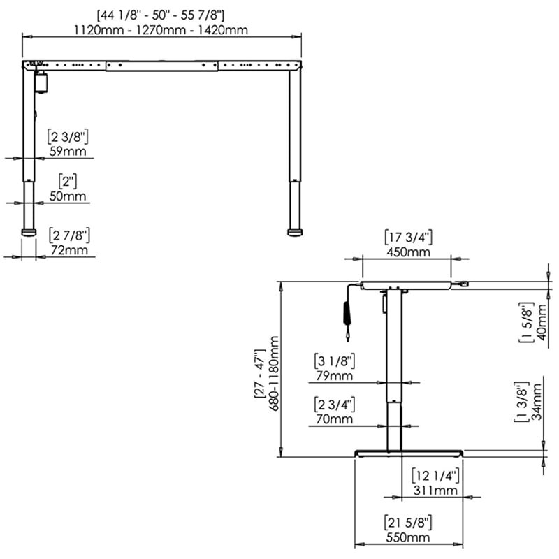 ConSet Compact Height Adjustable Motorized Desk Frame 501-6 8S (27" - 47" Height) - Spec Sheet