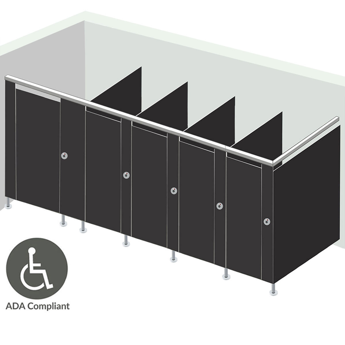 Alpaco Collection Toilet Partitions - 5 Stalls ADA In Corner Left Hand