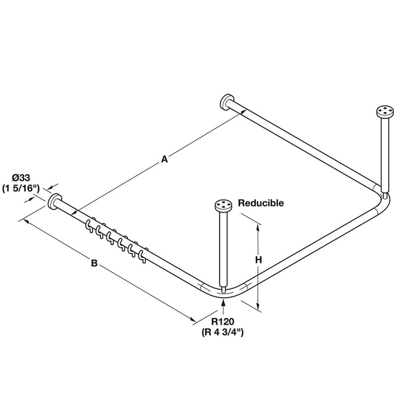 HEWI Nylon U Shaped Shower Curtain Rod - Spec Sheet