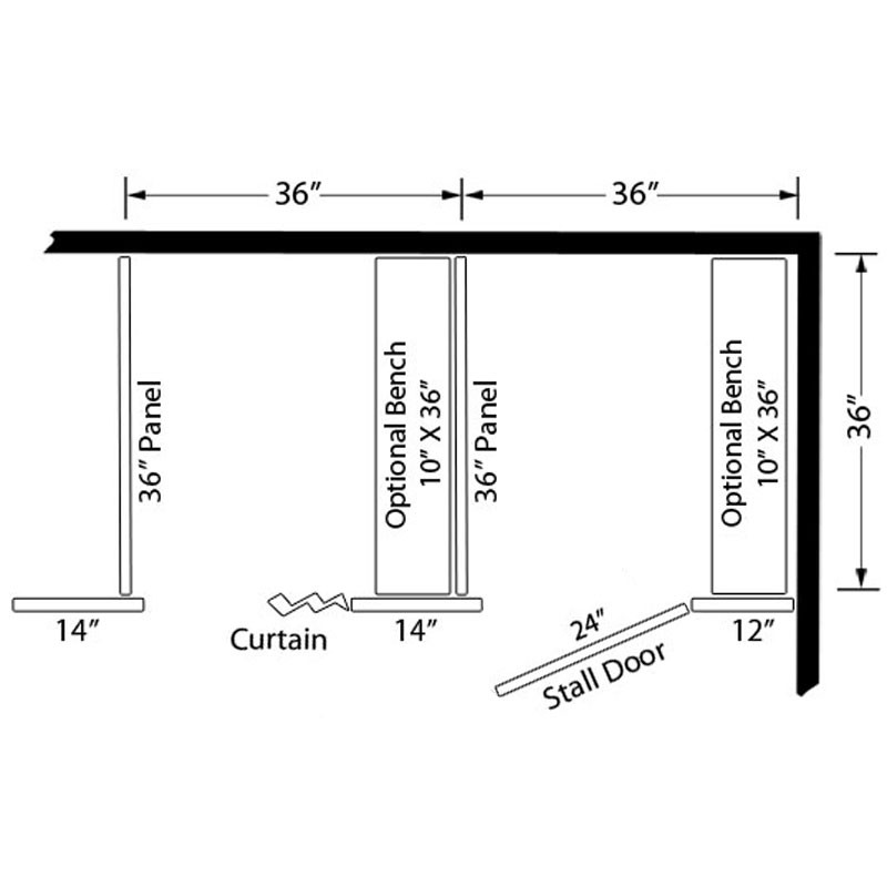 Dressing Compartment - In Corner - Left Hand - 6 Stall  Dimensions with Bench