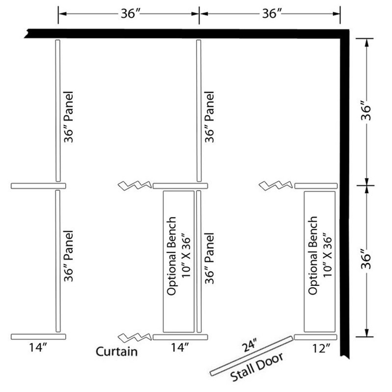 Shower/Dressing Combo - Between Wall - Right Hand - 1 Stall Dimensions with Bench