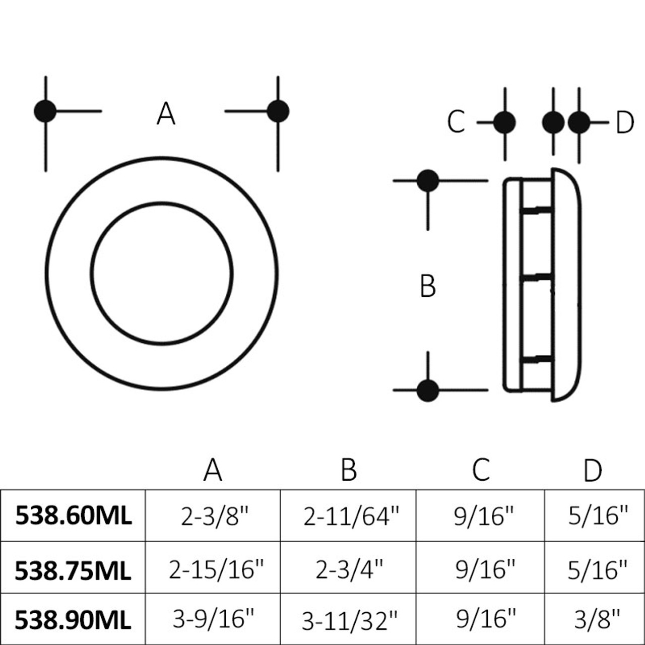 HEWI Nylon Recessed Cabinet Pull - Flush Round - 538.60ML Dimensions