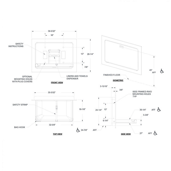 ASI Recessed Matte Black Stainless Steel Baby Changing Station 901841