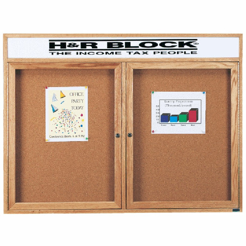 AARCO Enclosed Bulletin Board and Header with Red Oak Frame