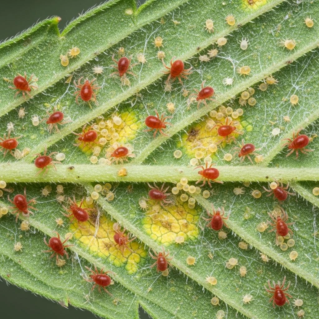 Spider mites on cannabis leaf underside — early detection macro view