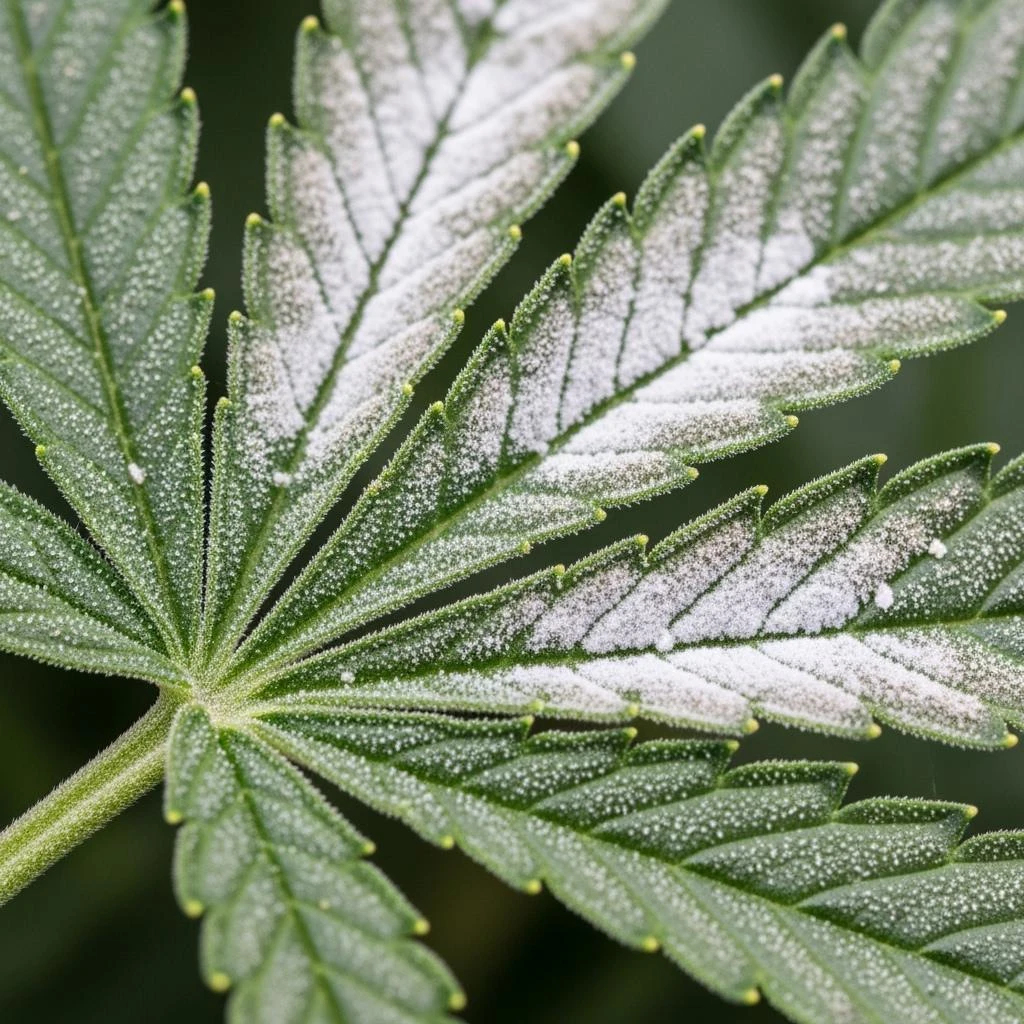 Powdery mildew on cannabis leaves