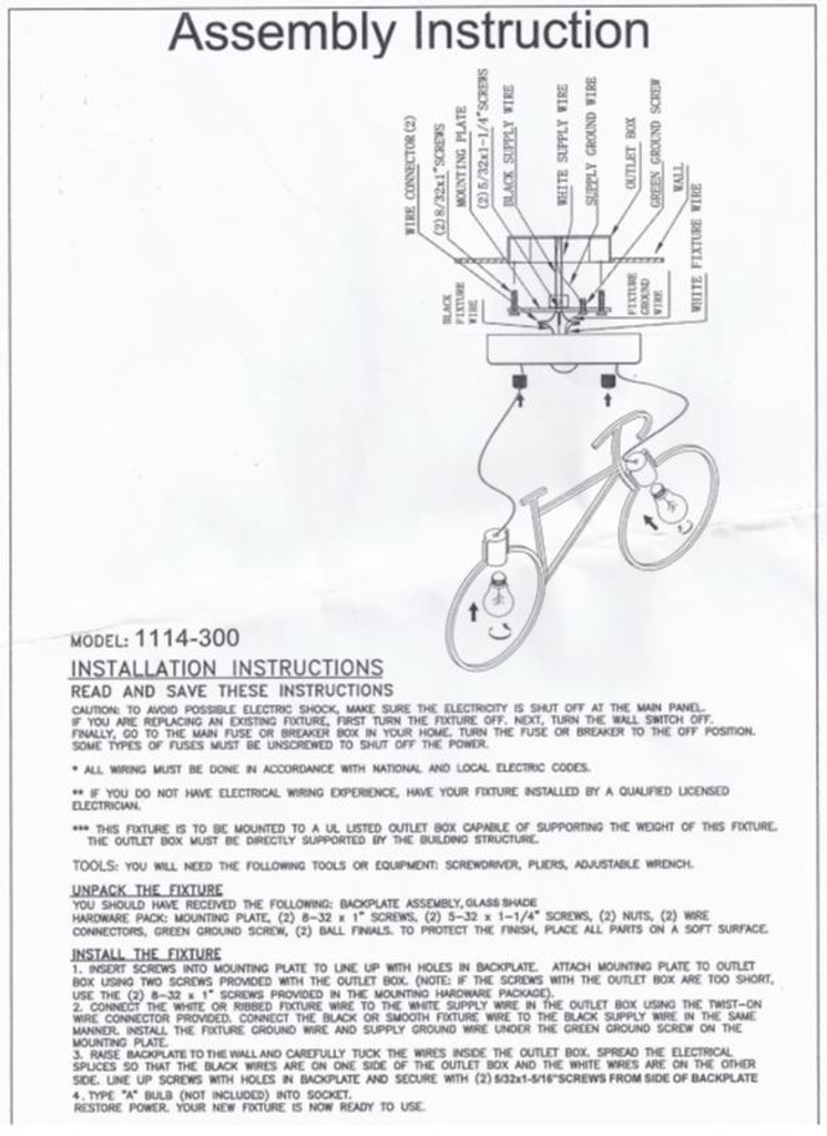 Bicycle Pendant Light
Assembly Instructions