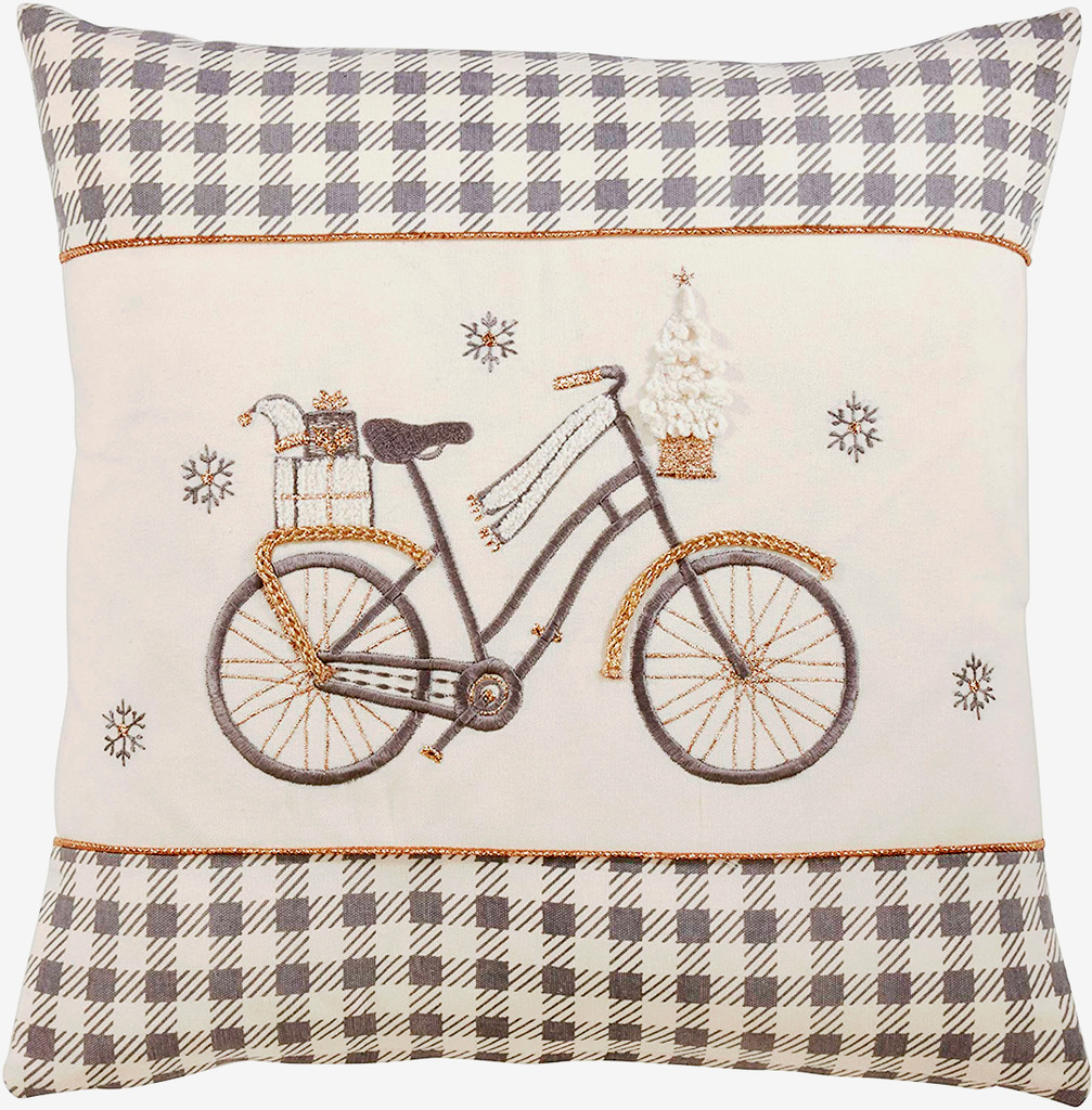 Grey Checked Bicycle Holiday Pillow