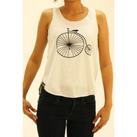 Creamy white tank top with bold, black vintage bicycle image.