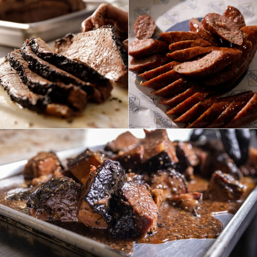 Texas Trio: Smoked Brisket, Burnt Ends "Brisket Candy", and Smoked Sausage BBQ Sampler