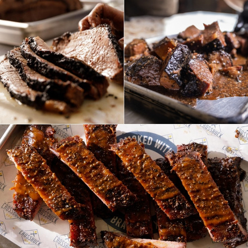 Kansas City Trio: "Brisket Candy" Burnt Ends,  Pork Ribs, and Smoked Brisket BBQ Sampler