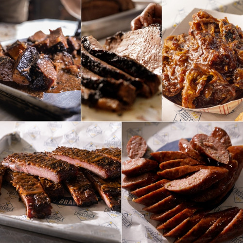Crossroads of America: Smoked Brisket, "Brisket Candy" Burnt Ends, Pork Ribs, Texas Style Sausage, and Pulled Pork BBQ Sampler