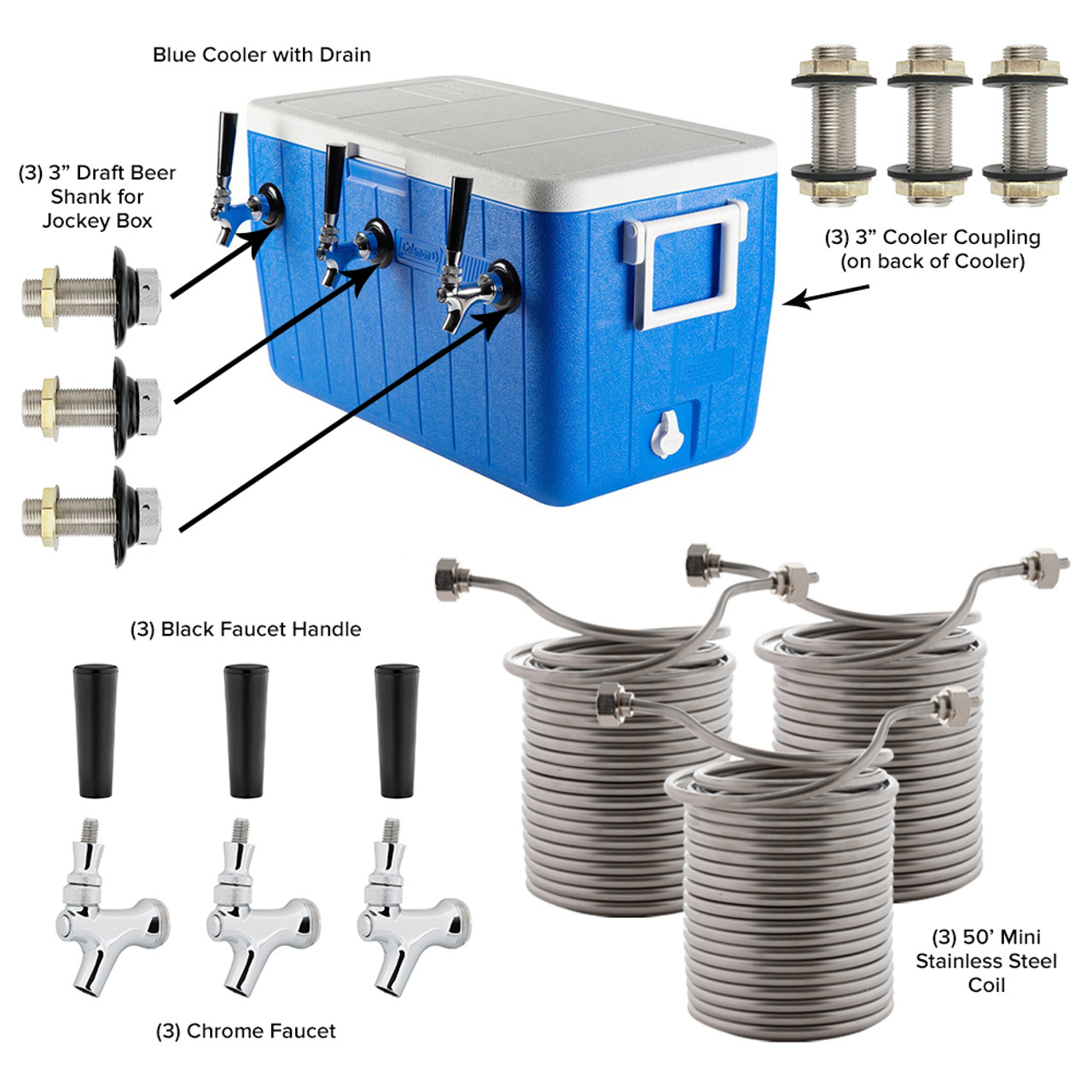 【KOOLOSET】Underground Box Half Tee Triple Faucet Jockey Box - 50' Coils - Complete Kit
