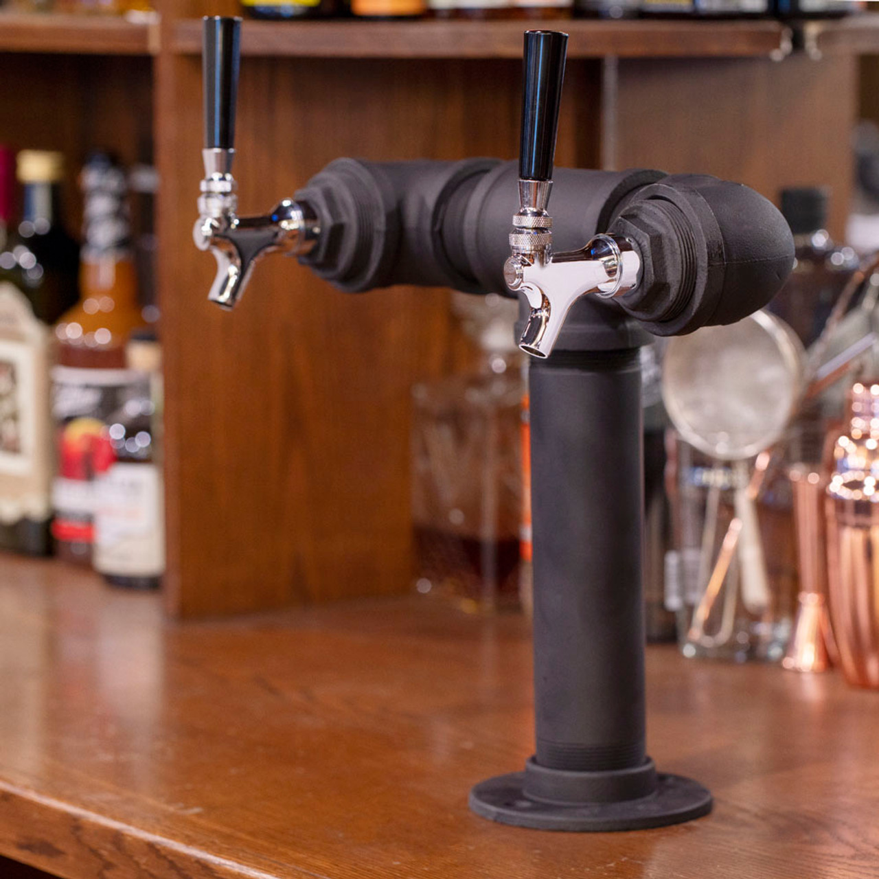 Draft Beer Tower - Black Iron - Double Tap - Standard Stainless Steel Faucet