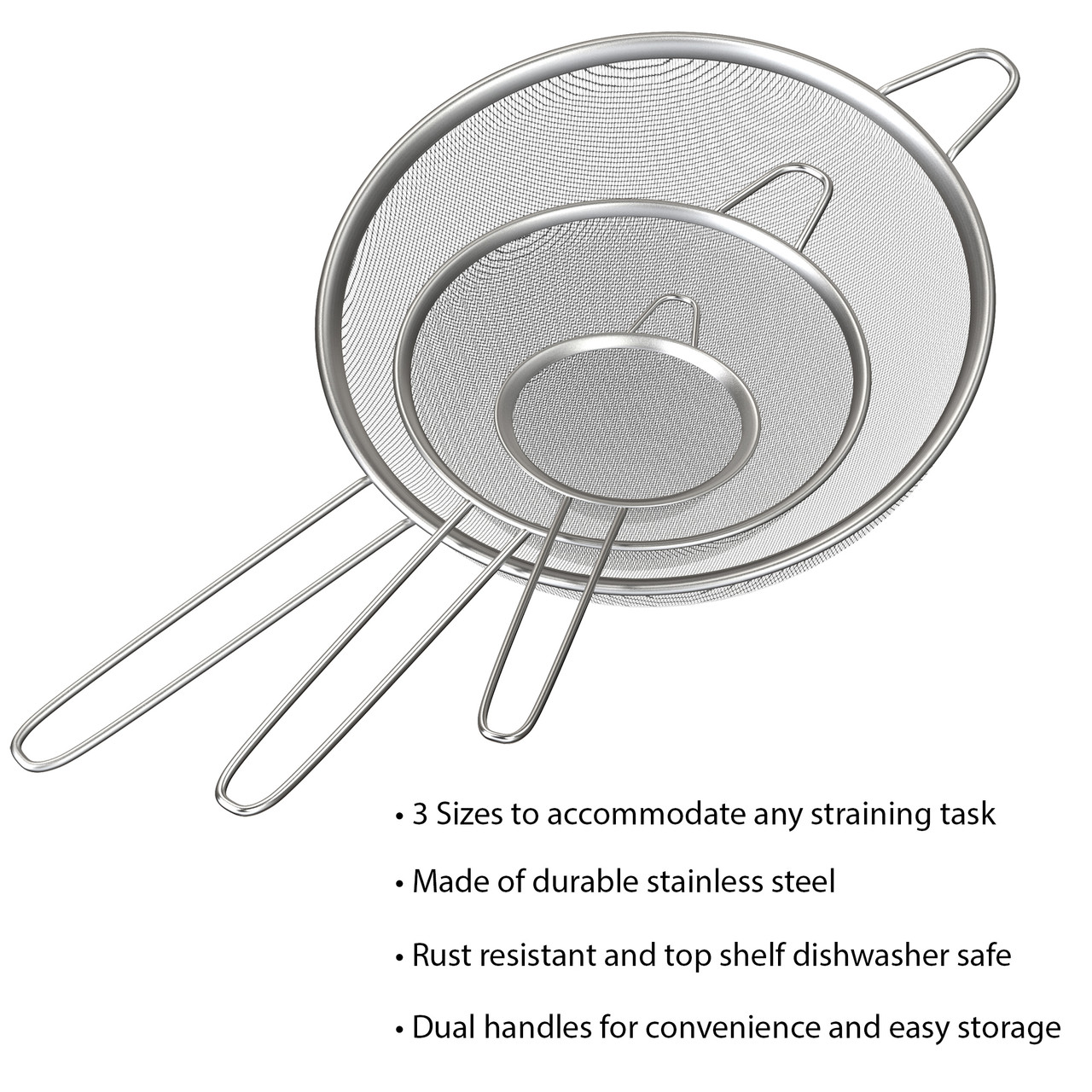 Fine Mesh Stainless Steel Strainers Set of 3 Sizes