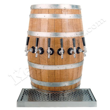 Wood Barrel Draft Beer Tower with Matching Drain Tray - 3 to 6 Faucets