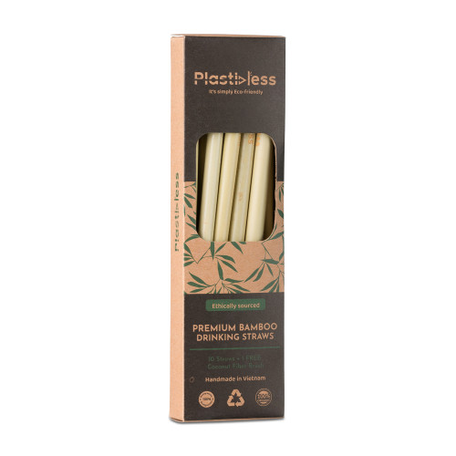 All-Natural Bamboo Reusable Drinking Straws - 8"L - Pack of 10 + Cleaning Brush