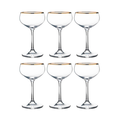 Urban Bar Retro Crystal Coupe Glasses with Gold Plated Rims - 7.1 oz - Set of 6