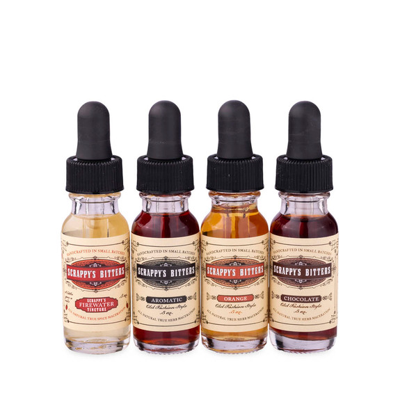 Scrappy's Cocktail Bitters Sampler 4 Pack - The Essentials - Orange, Aromatic, Chocolate & Firewater