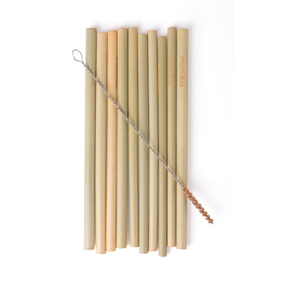 All-Natural Bamboo Reusable Drinking Straws - 8"L - Pack of 10 + Cleaning Brush