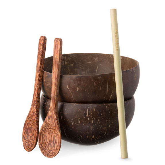 All-Natural Handmade Coconut Bowl Set - 2 Bowls & 2 Wood Spoons + 1 Bamboo Straw